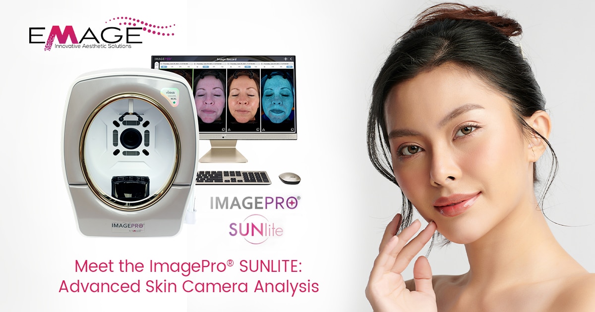 A beautiful woman with flawless skin next to the Emage ImagePro® SUNLITE skin camera analysis device