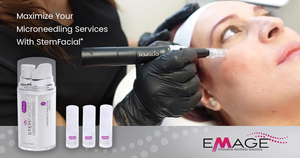 An aesthetician in black scrubs & gloves positions a microneedling pen on a client’s cheek