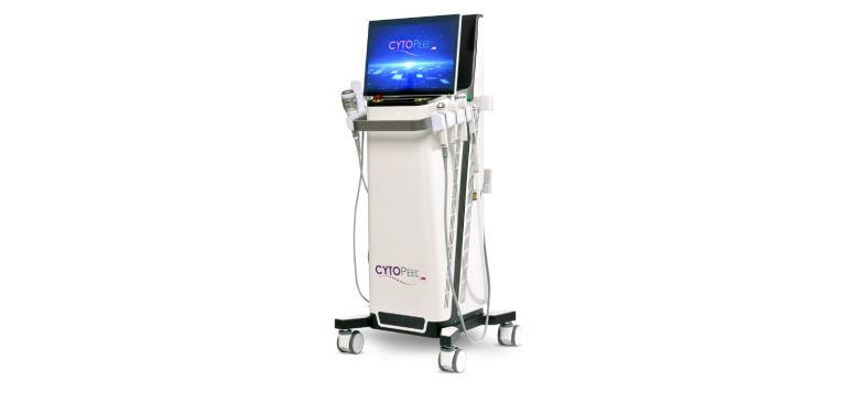 CYTOPEEL hydrodermabrasion facial machine with touchscreen and multiple handpieces on wheels for medspa treatments