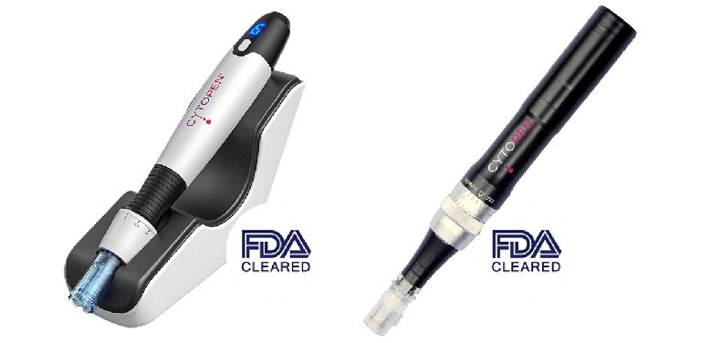 CYTOPEN FDA cleared microneedling pens, one in charging dock, on white background