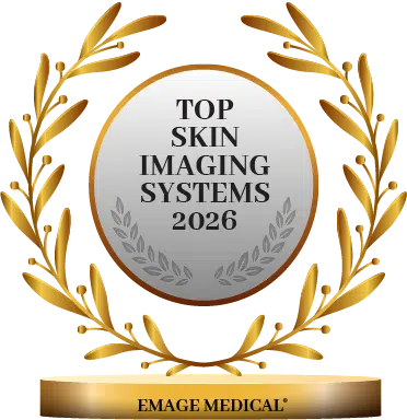Gold award badge reading “Top Skin Imaging Systems 2026” with laurel wreath and Emage Medical logo