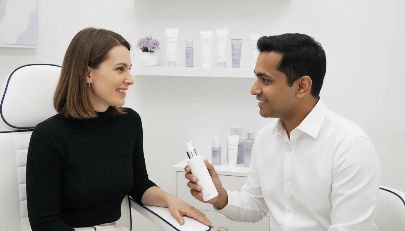 Clinician and patient discussing aesthetic practice services