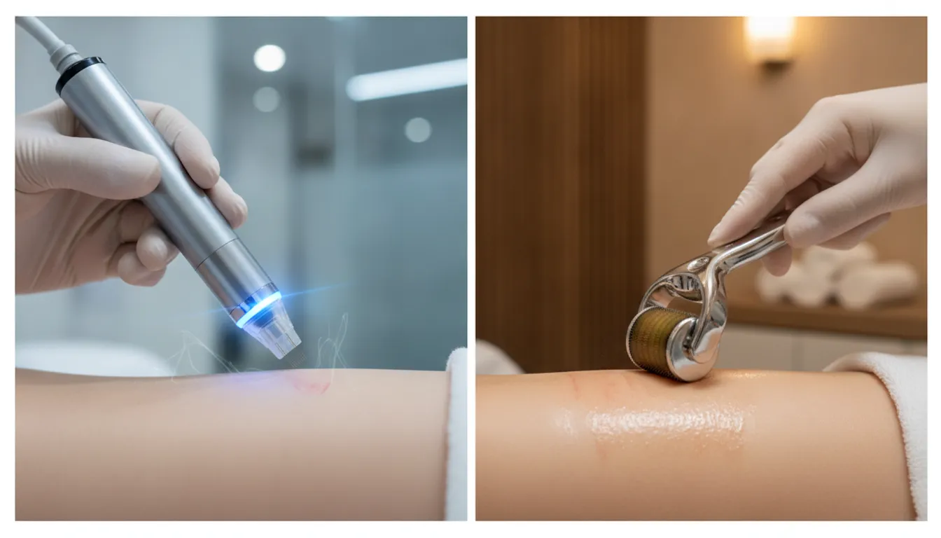Automated microneedling pen vs a manual dermaroller for professional skin treatments.