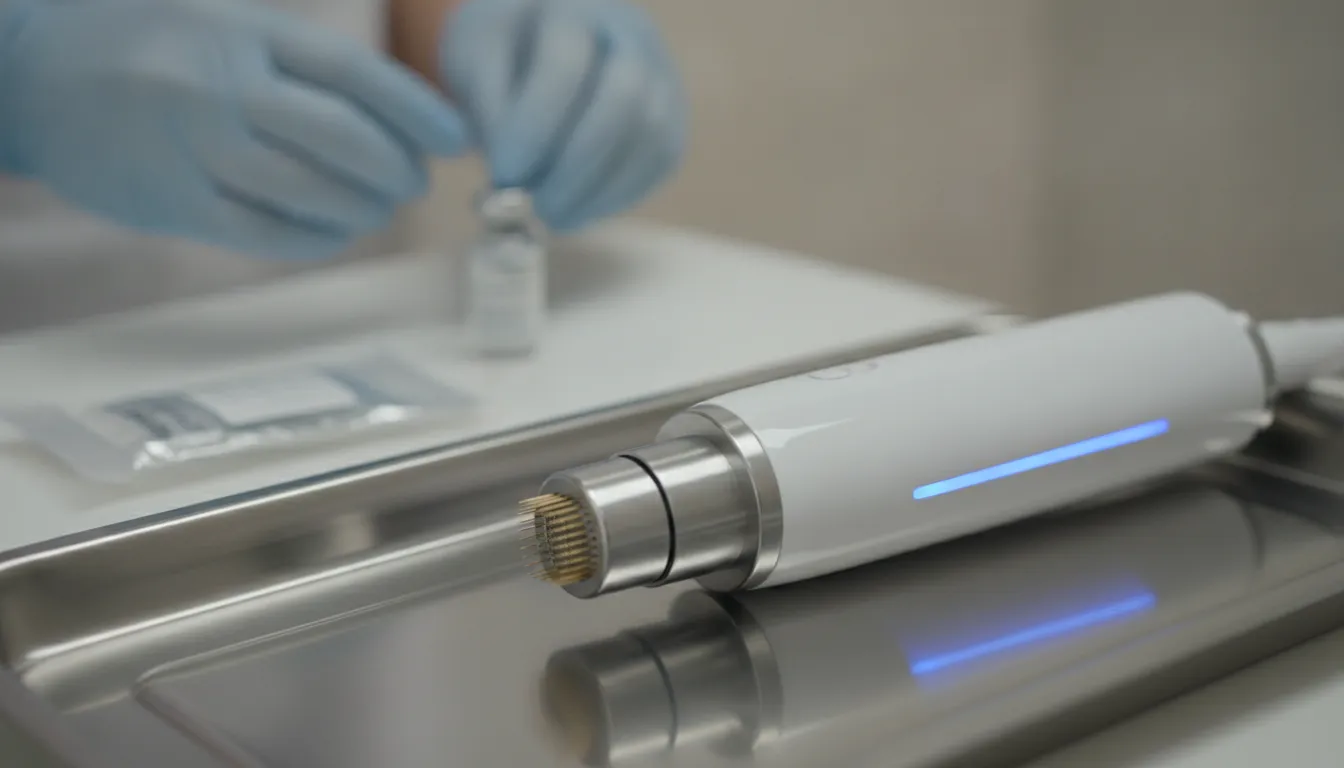 Professional radiofrequency microneedling device with gold-plated needles on a sterile clinical tray.