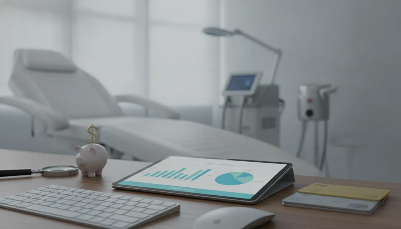 Esthetician equipment and tablet showing financing options beside a piggy bank.