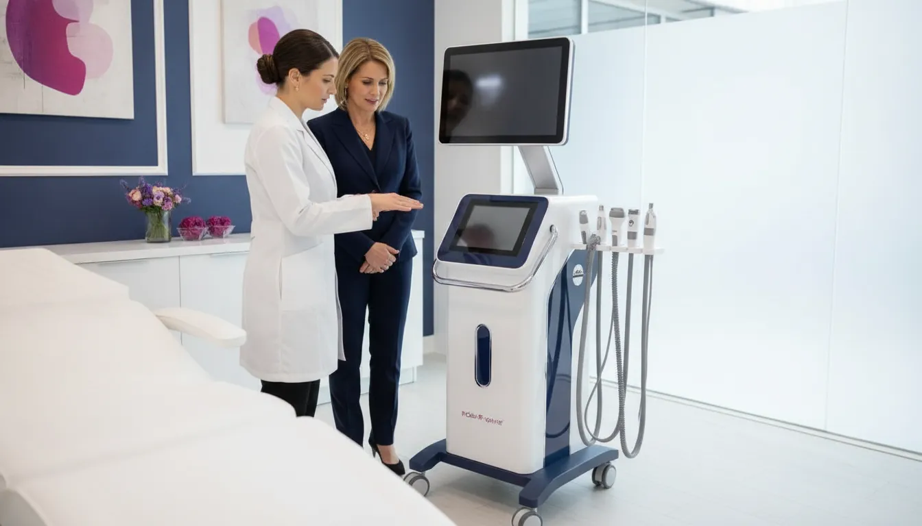 Aesthetic practitioner reviewing a professional RF microneedling device with a clinic owner