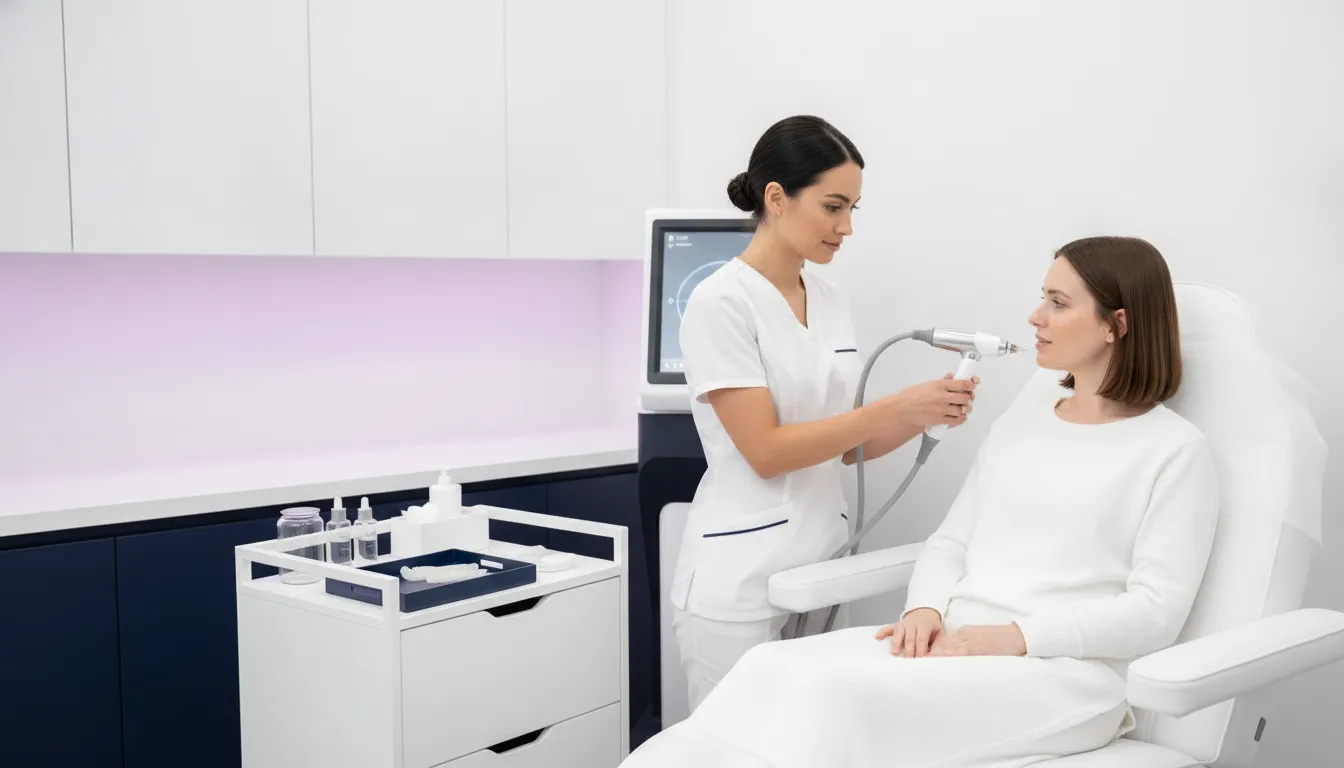 Practitioner preparing an RF microneedling treatment in a modern medspa