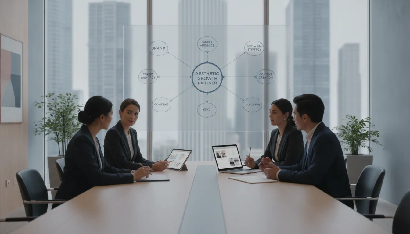 A team choosing an aesthetic marketing company by reviewing performance data on charts.