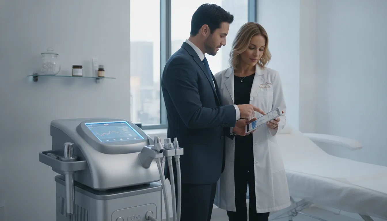 Med spa professionals reviewing hydradermabrasion equipment financing on a tablet.