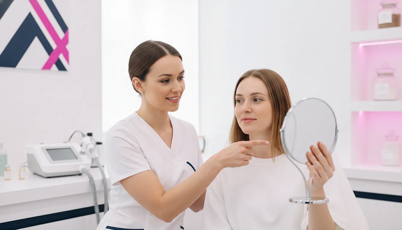 Aesthetic professional reviewing a patient's skin progress during a clinic consultation