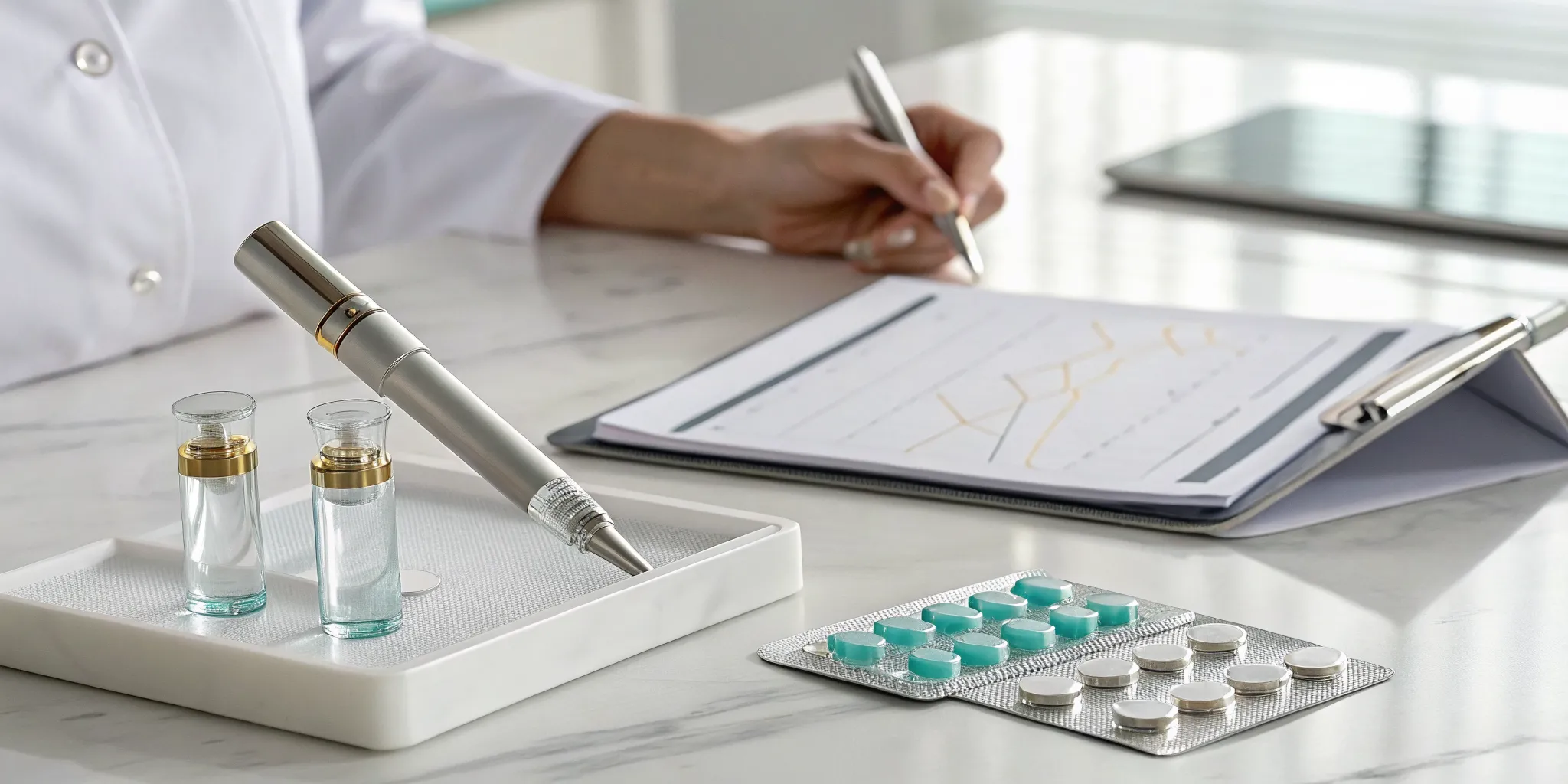 A professional calculates microneedling treatment cost with tools and serums on a clinic desk.