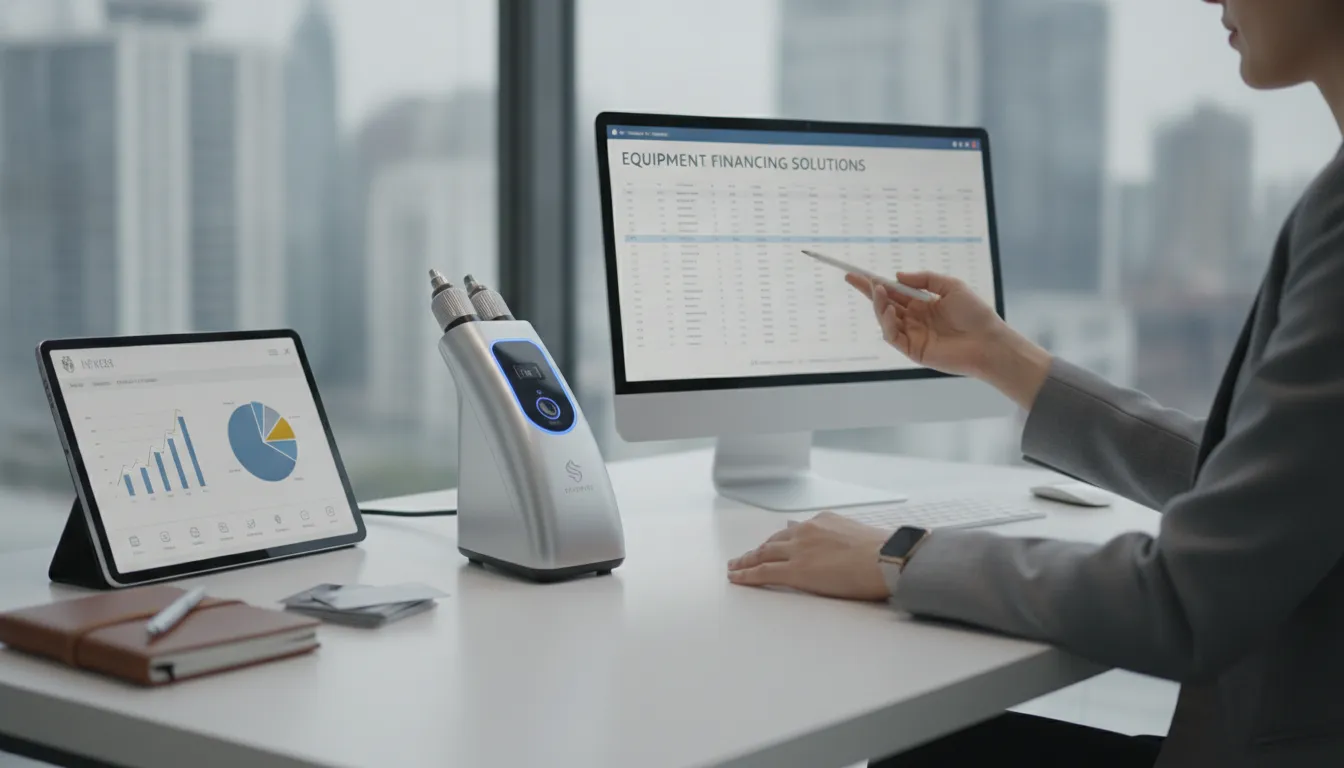 Business professional reviewing microneedling machine financing options on a computer.