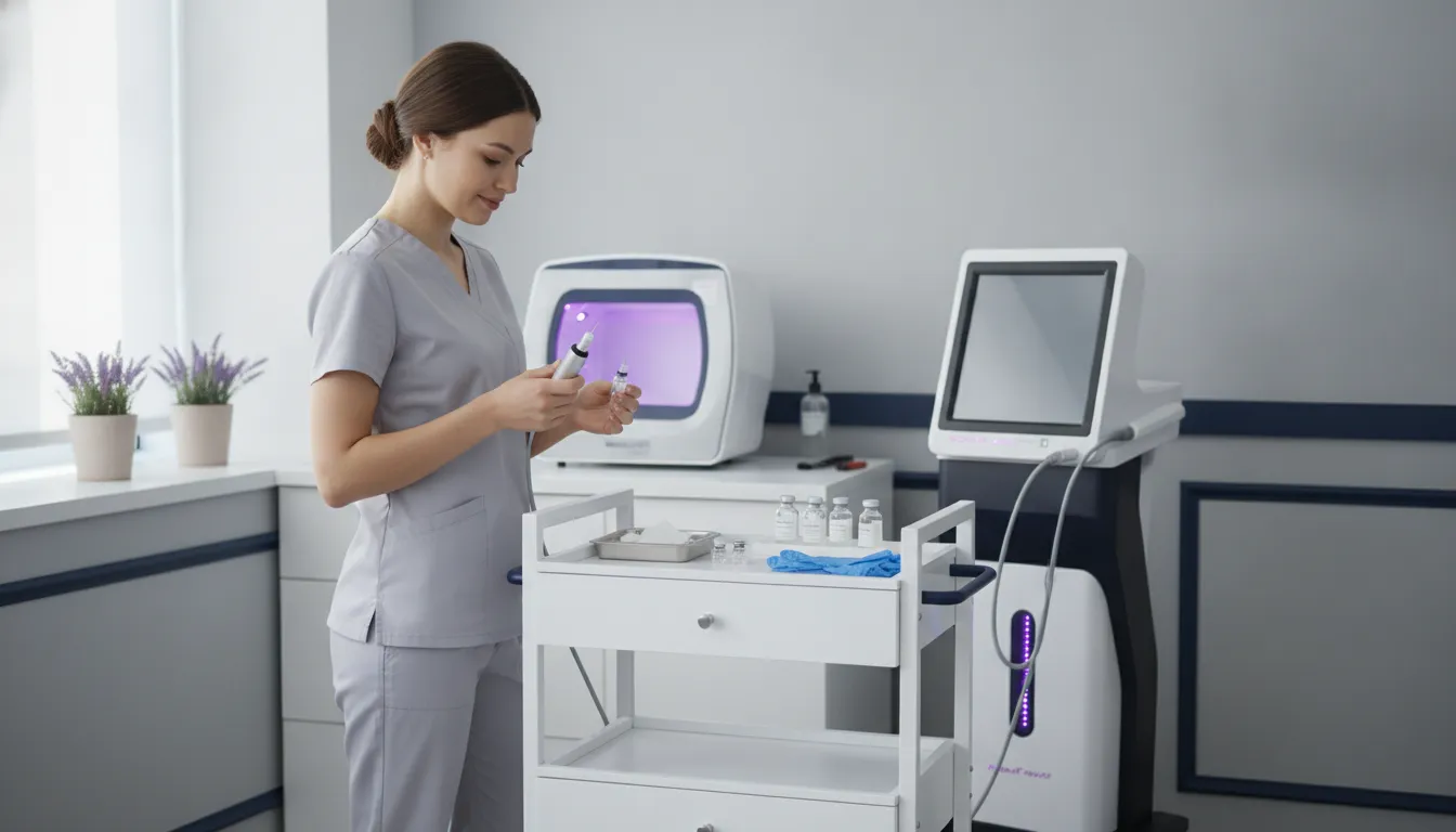 Aesthetic professional preparing equipment in a clinical treatment room