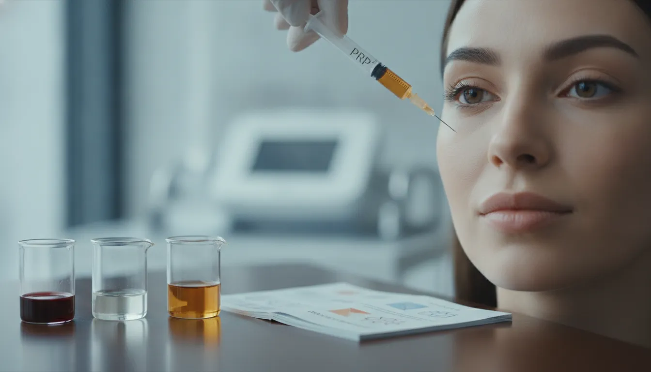 PRP under-eye injection procedure with syringe and vials on a treatment table.
