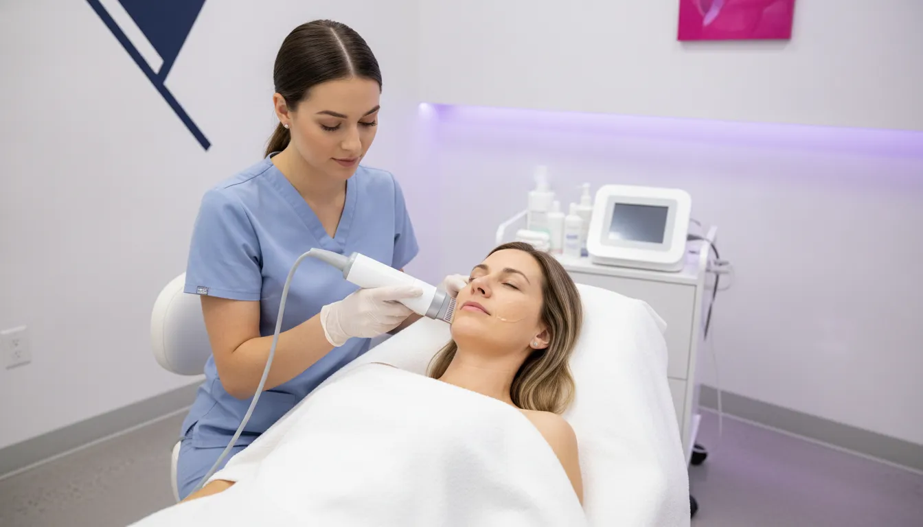 Provider using an RF microneedling machine during a professional aesthetic treatment