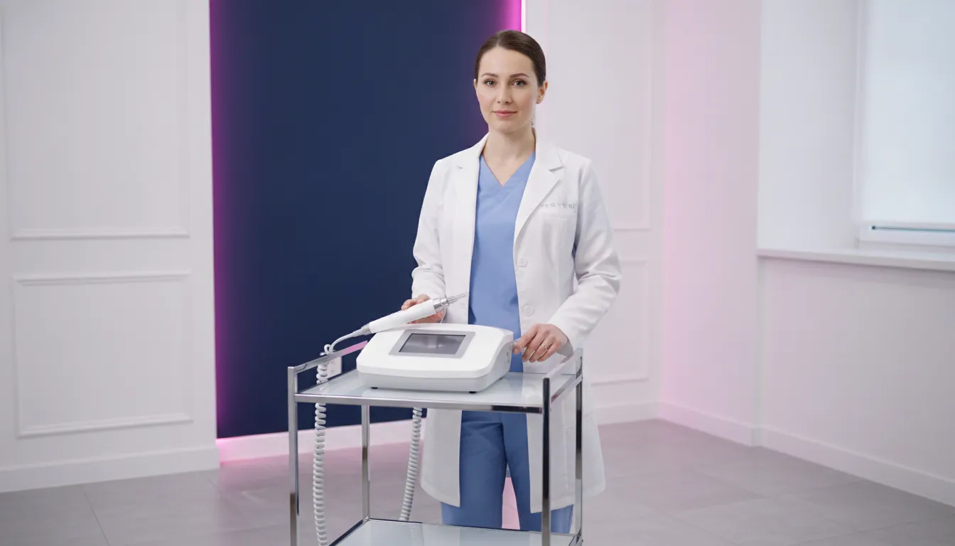 Aesthetic provider evaluating RF microneedling and laser resurfacing equipment