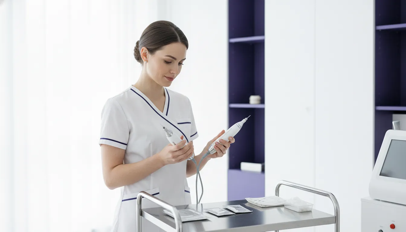 Aesthetic practitioner comparing professional RF microneedling and traditional microneedling handpieces