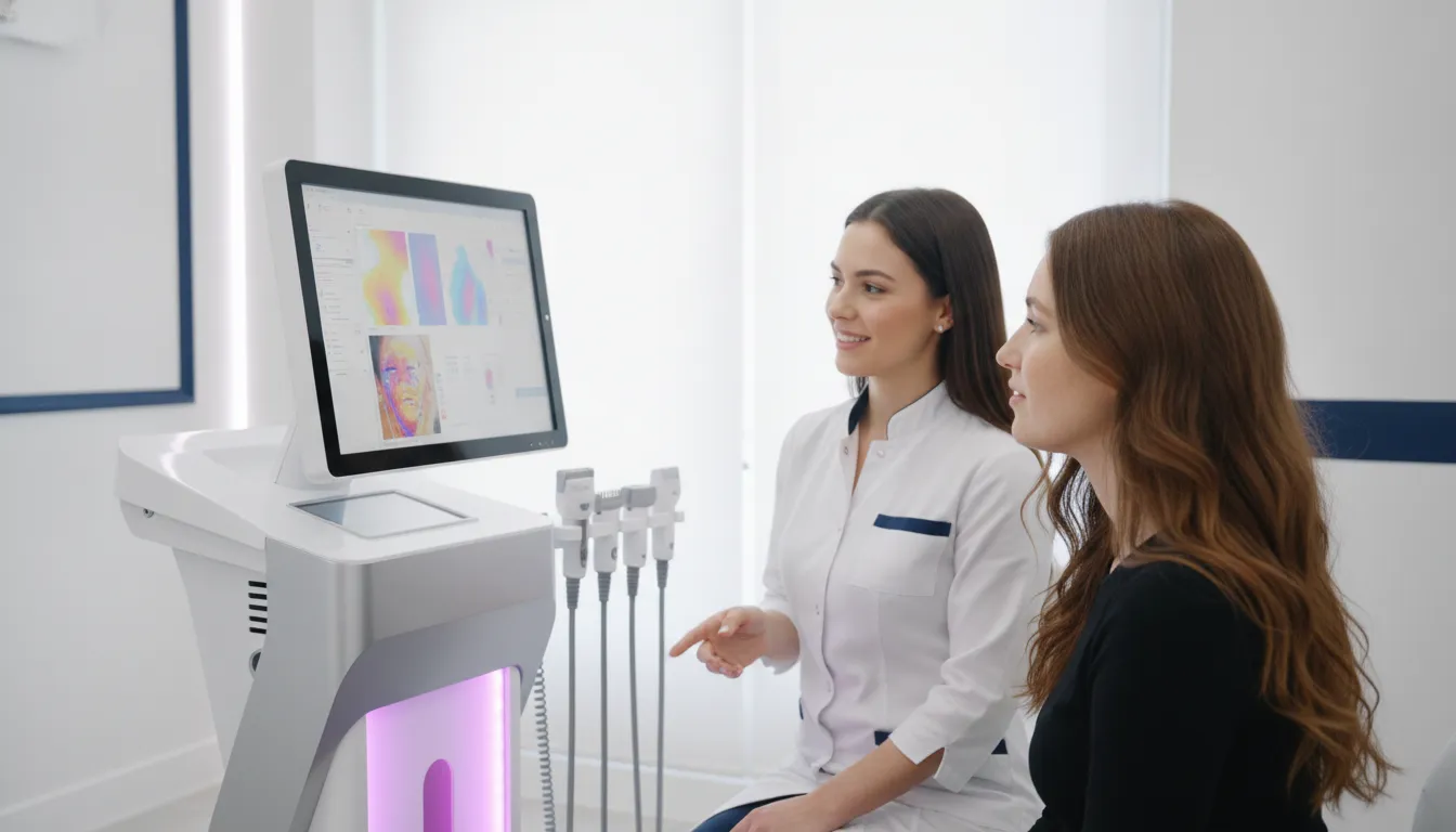 Aesthetic professional reviewing facial skin imaging with a patient