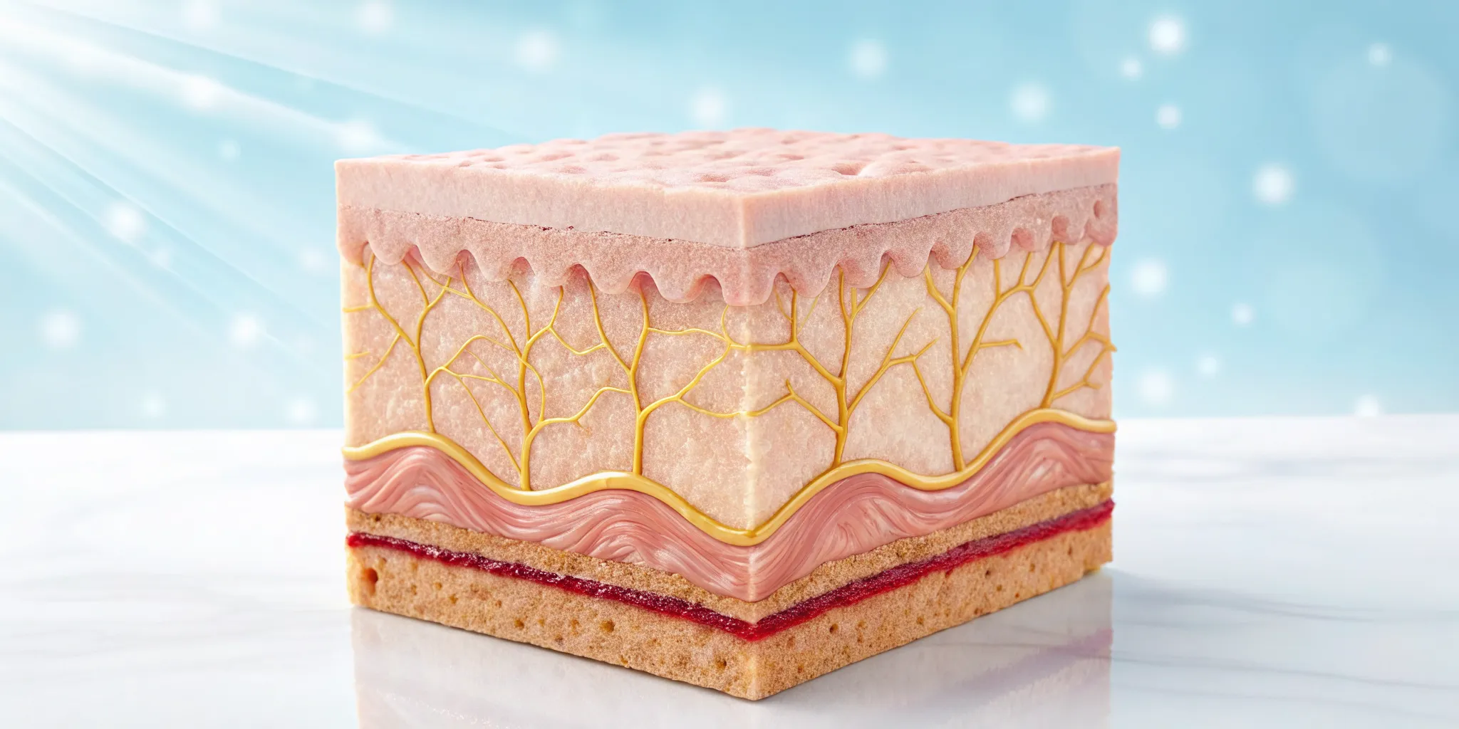 Anatomical skin diagram of the epidermis, dermis, and hypodermis with blood vessels and nerves.