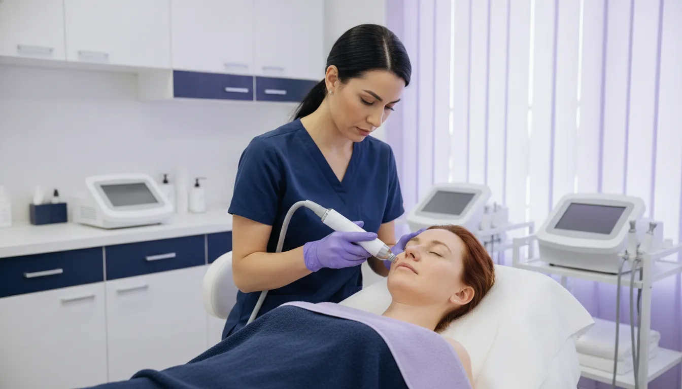 Practitioner using an RF microneedling handpiece in a modern treatment room