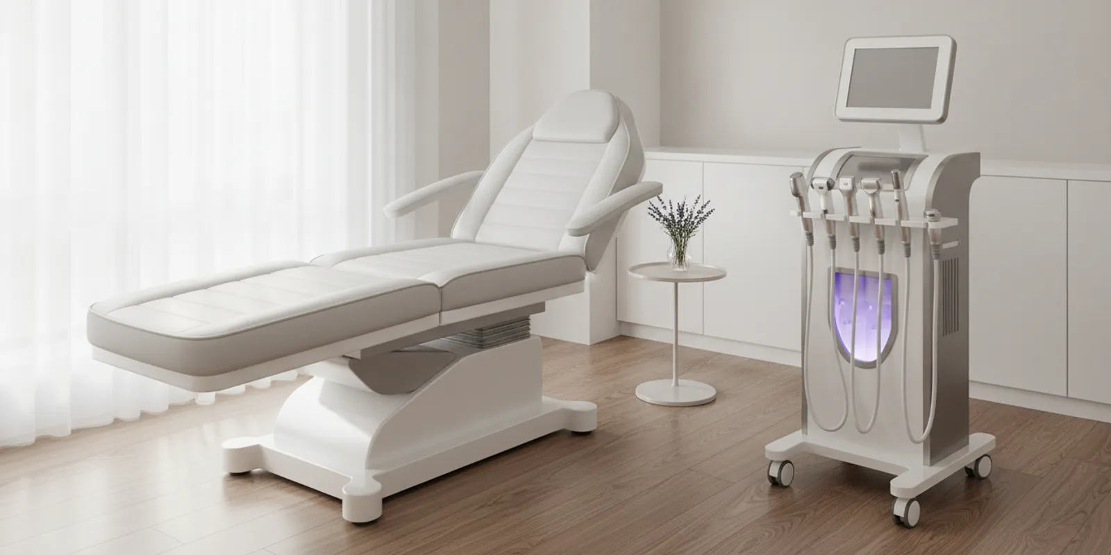 Aesthetic treatment device set up in a clean, modern medical spa treatment room