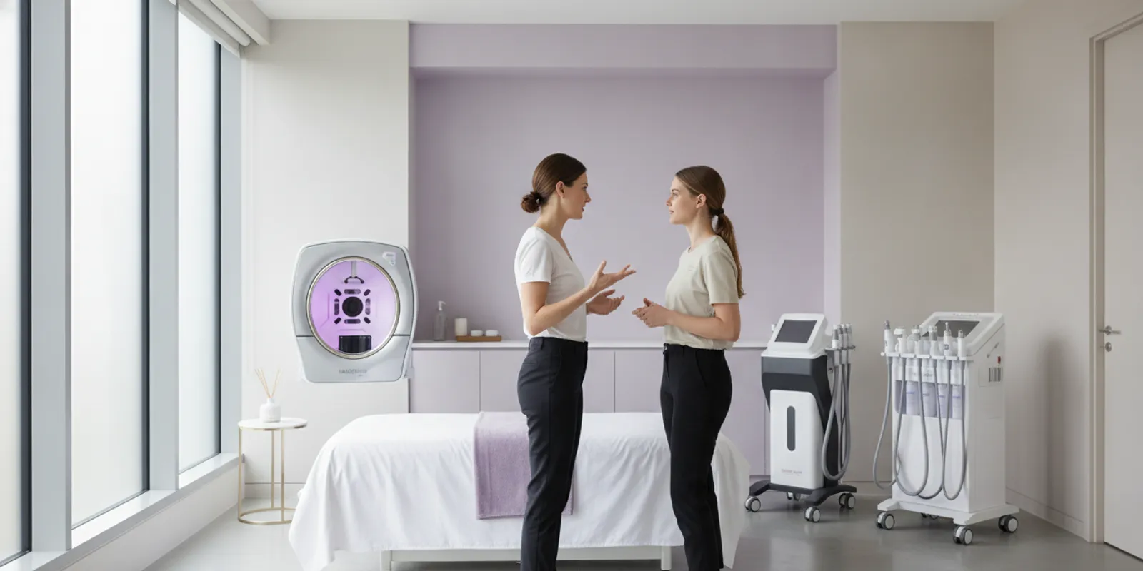 A healthcare professional reviewing a med spa treatment room setup