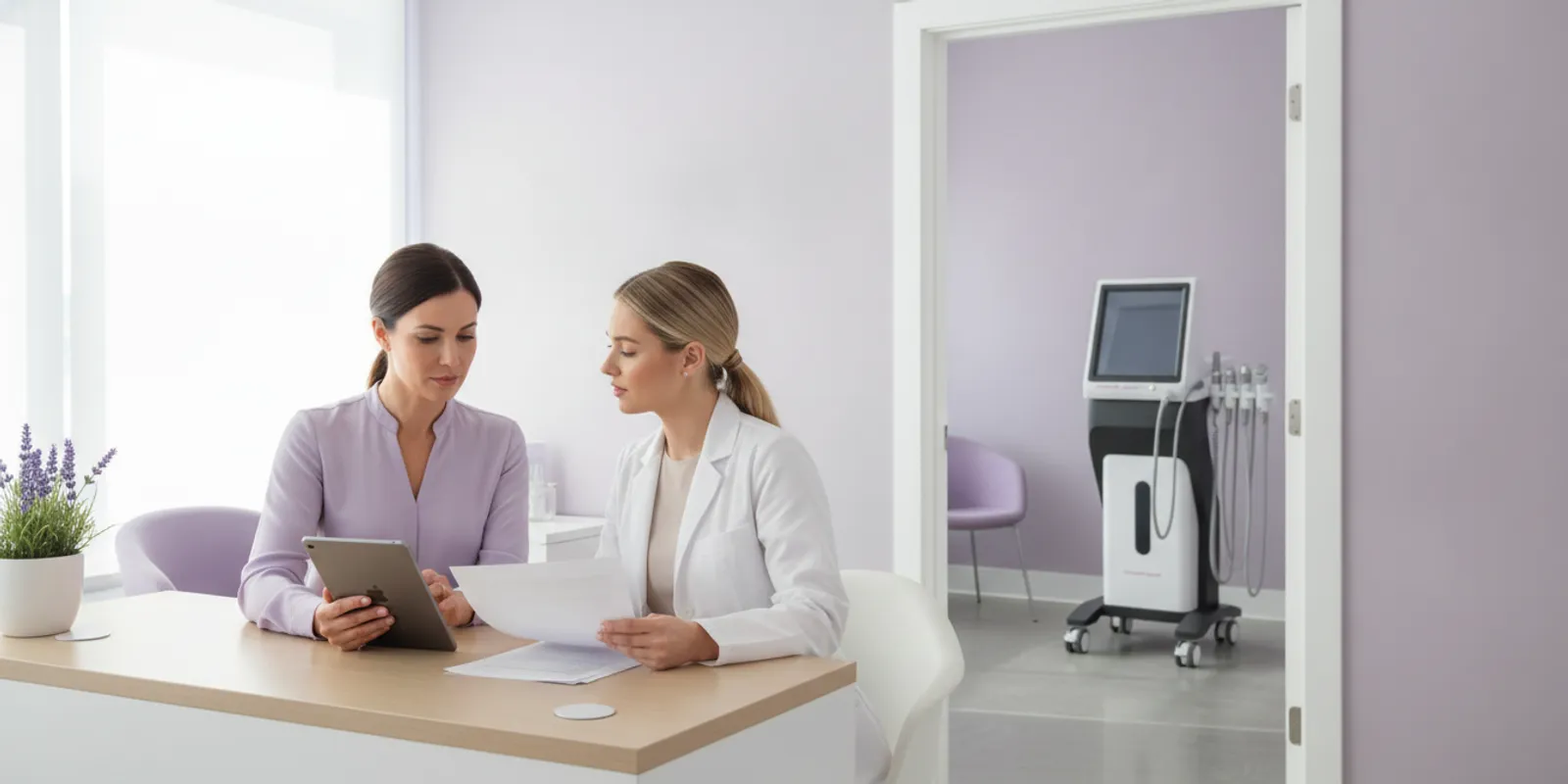 Practice owner reviewing equipment financing documents beside a treatment device in a modern medical spa