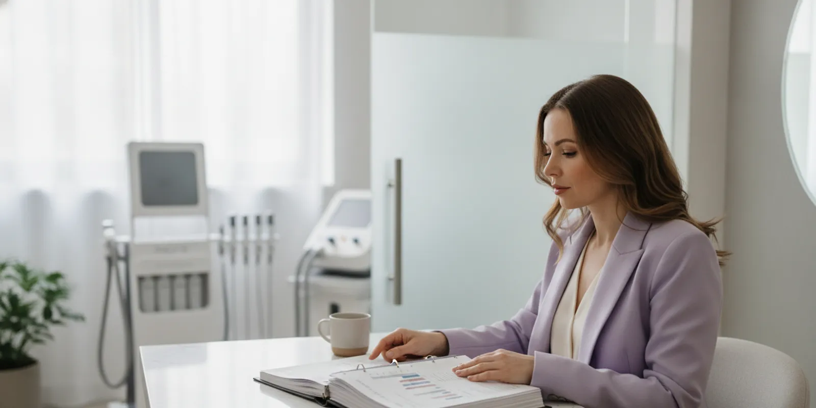 A medical spa owner reviewing business reports in a modern treatment practice