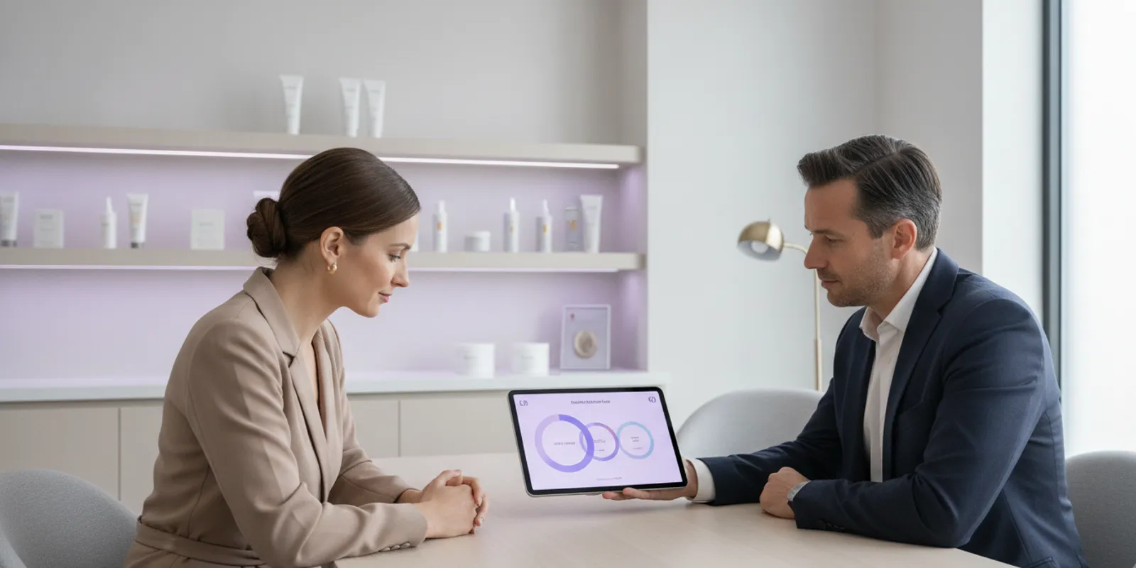 Medspa professional reviewing a membership plan with a client at a consultation desk