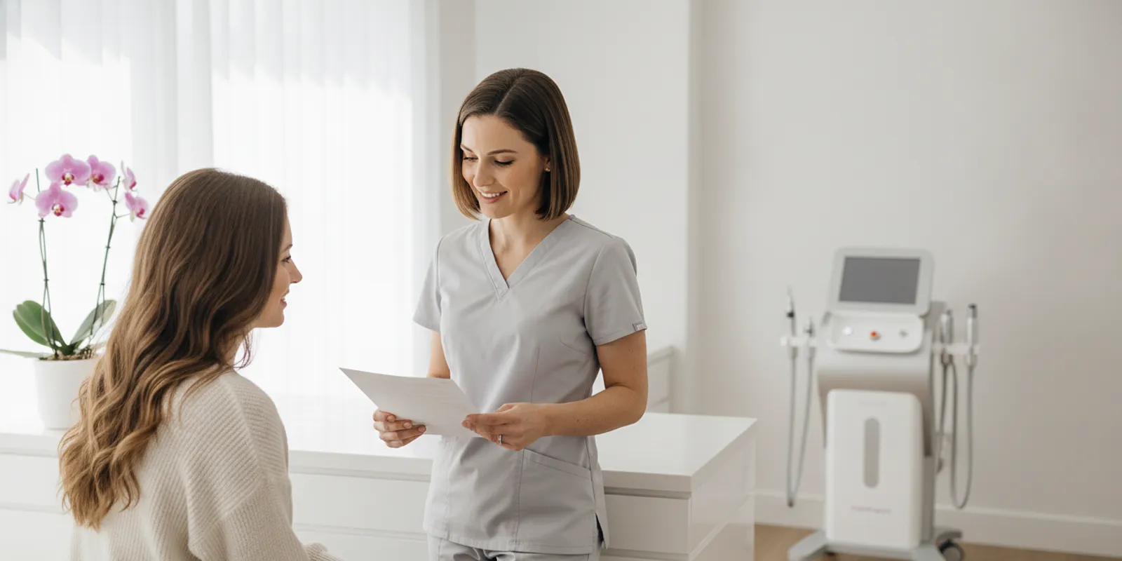 Licensed aesthetic professional reviewing a microneedling intake form in a modern treatment room