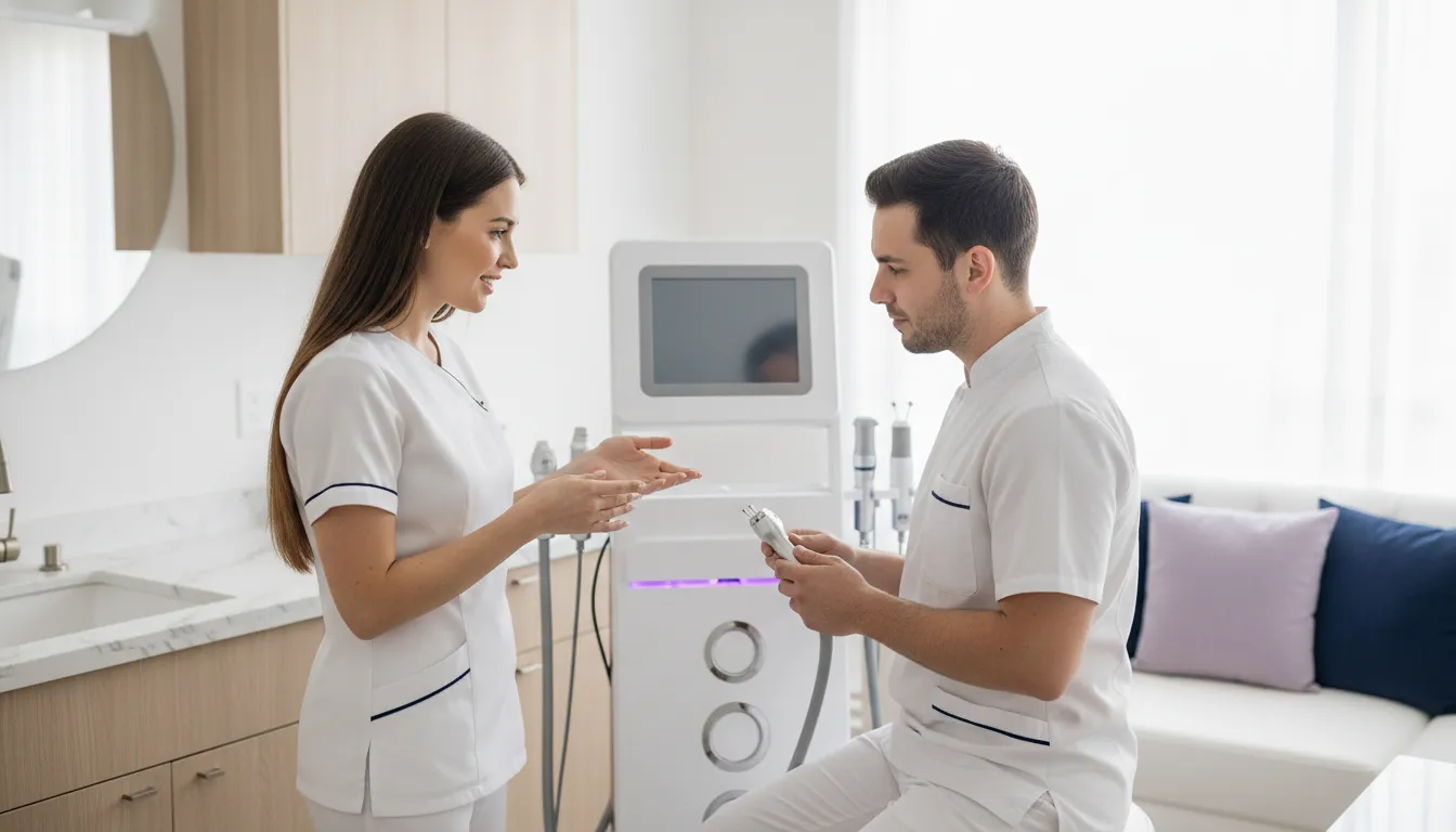 Aesthetic professionals reviewing a facial treatment platform in a modern medspa