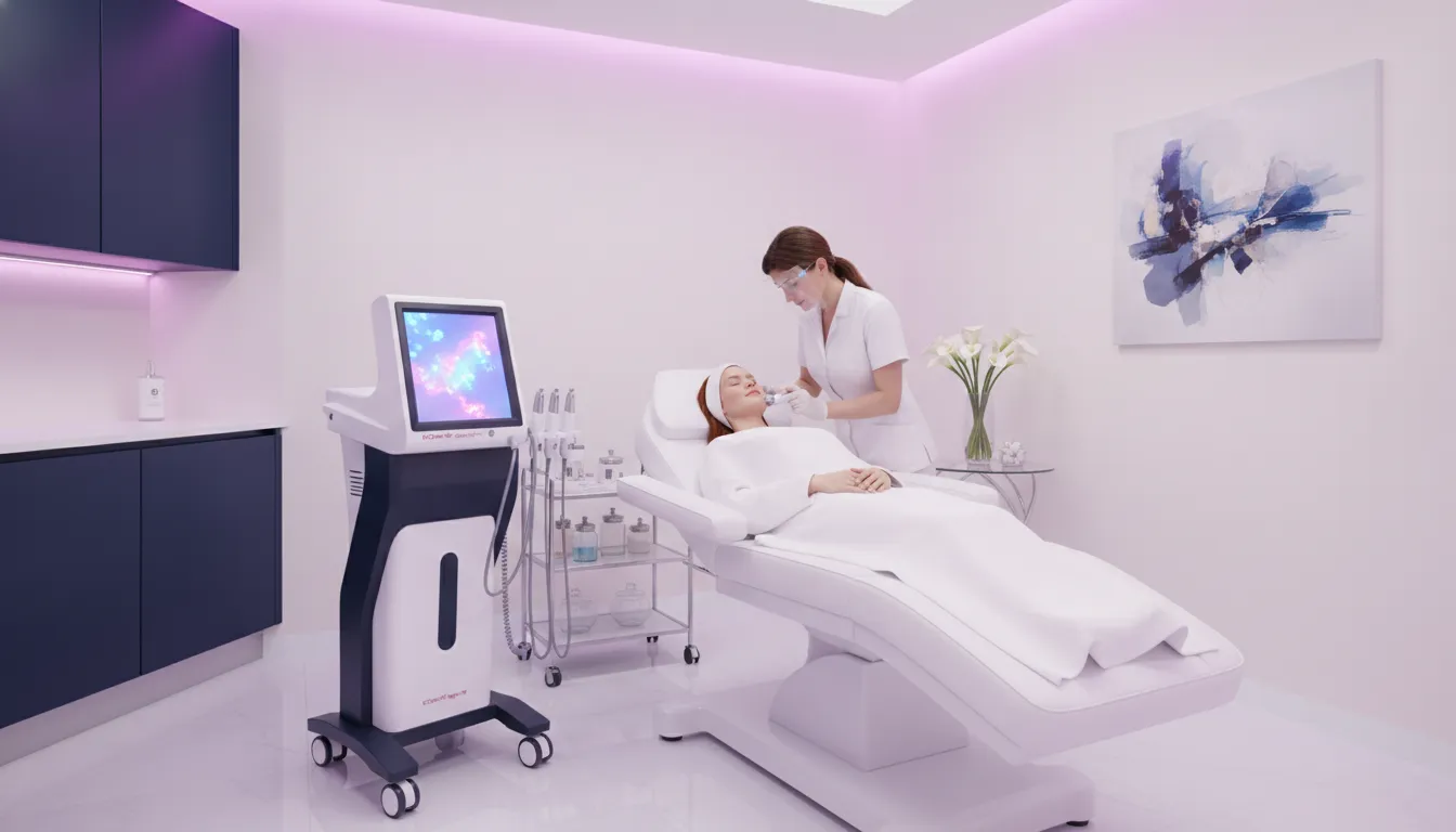 Aesthetic professional demonstrating a fluid-based facial device in a modern treatment room