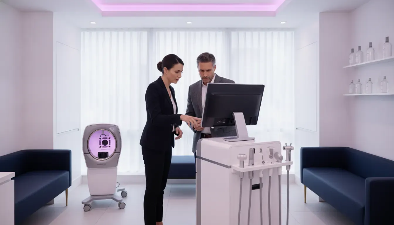 Aesthetic practice owner reviewing treatment equipment with a medical device advisor
